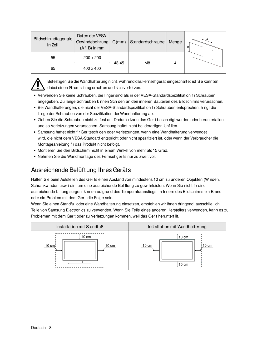 Samsung UE55NU8505TXXC Ausreichende Belüftung Ihres Geräts, Bildschirmdiagonale Daten der Vesa Gewindebohrung, Menge Zoll 