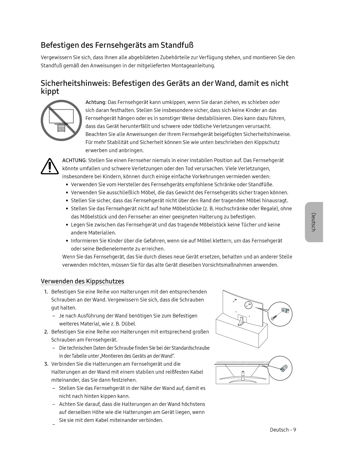 Samsung UE65NU8505TXXC, UE55NU8505TXXC manual Befestigen des Fernsehgeräts am Standfuß, Verwenden des Kippschutzes 