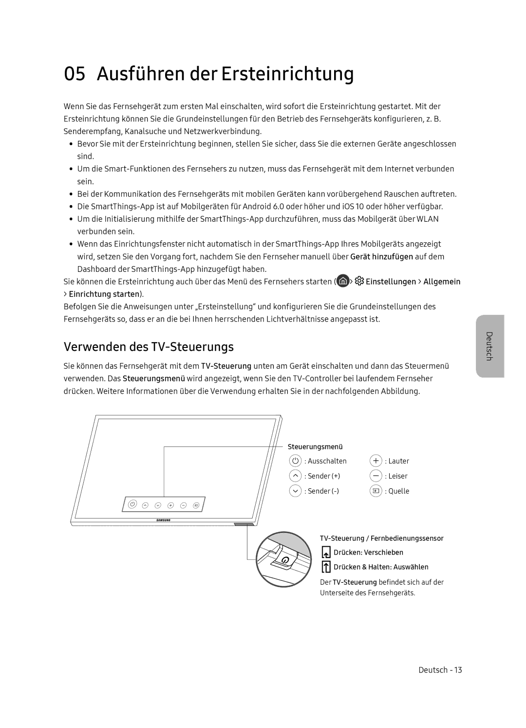 Samsung UE65NU8505TXXC, UE55NU8505TXXC Ausführen der Ersteinrichtung, Verwenden des TV-Steuerungs, Einrichtung starten 