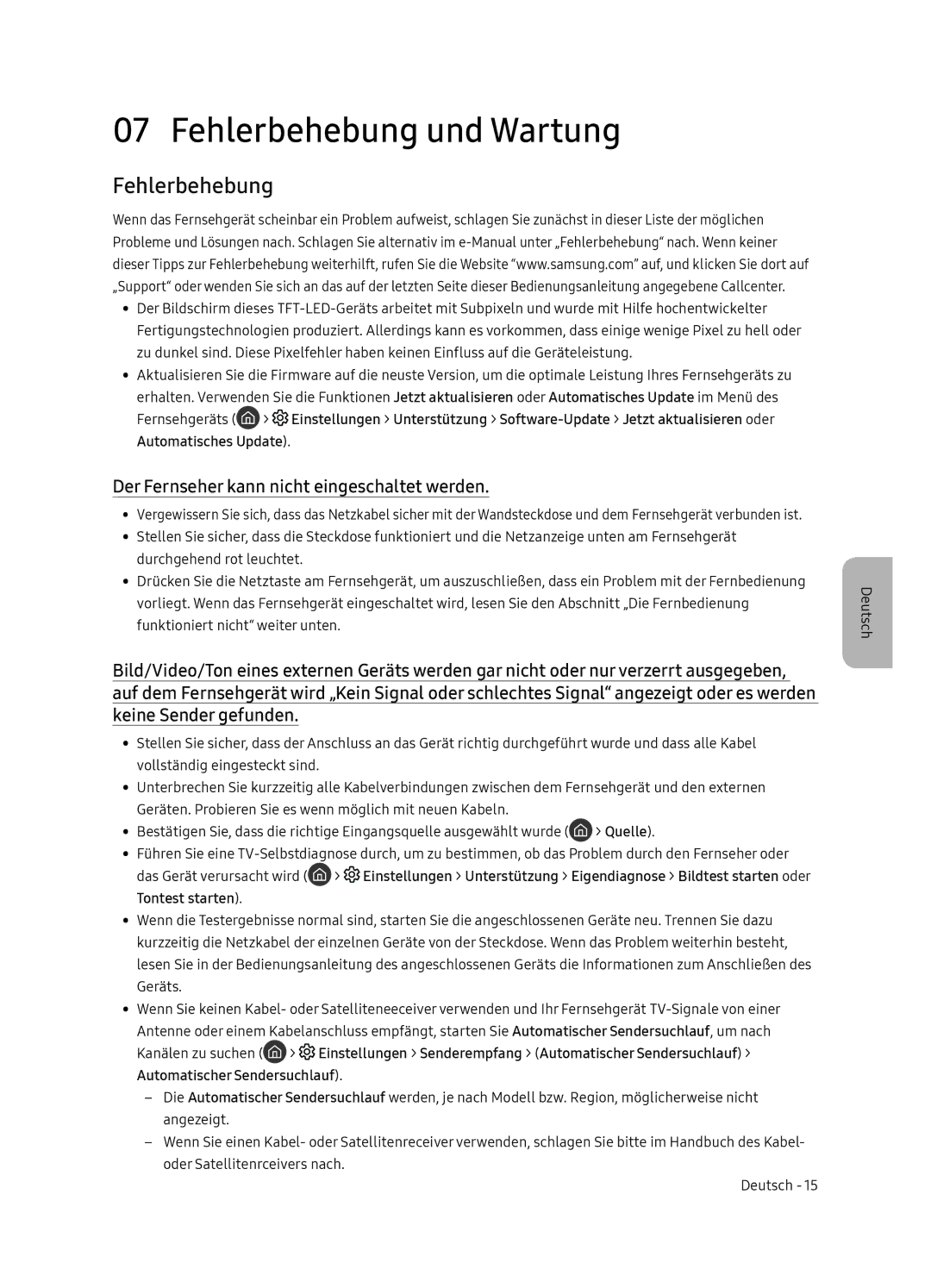 Samsung UE65NU8505TXXC, UE55NU8505TXXC manual Fehlerbehebung und Wartung, Der Fernseher kann nicht eingeschaltet werden 