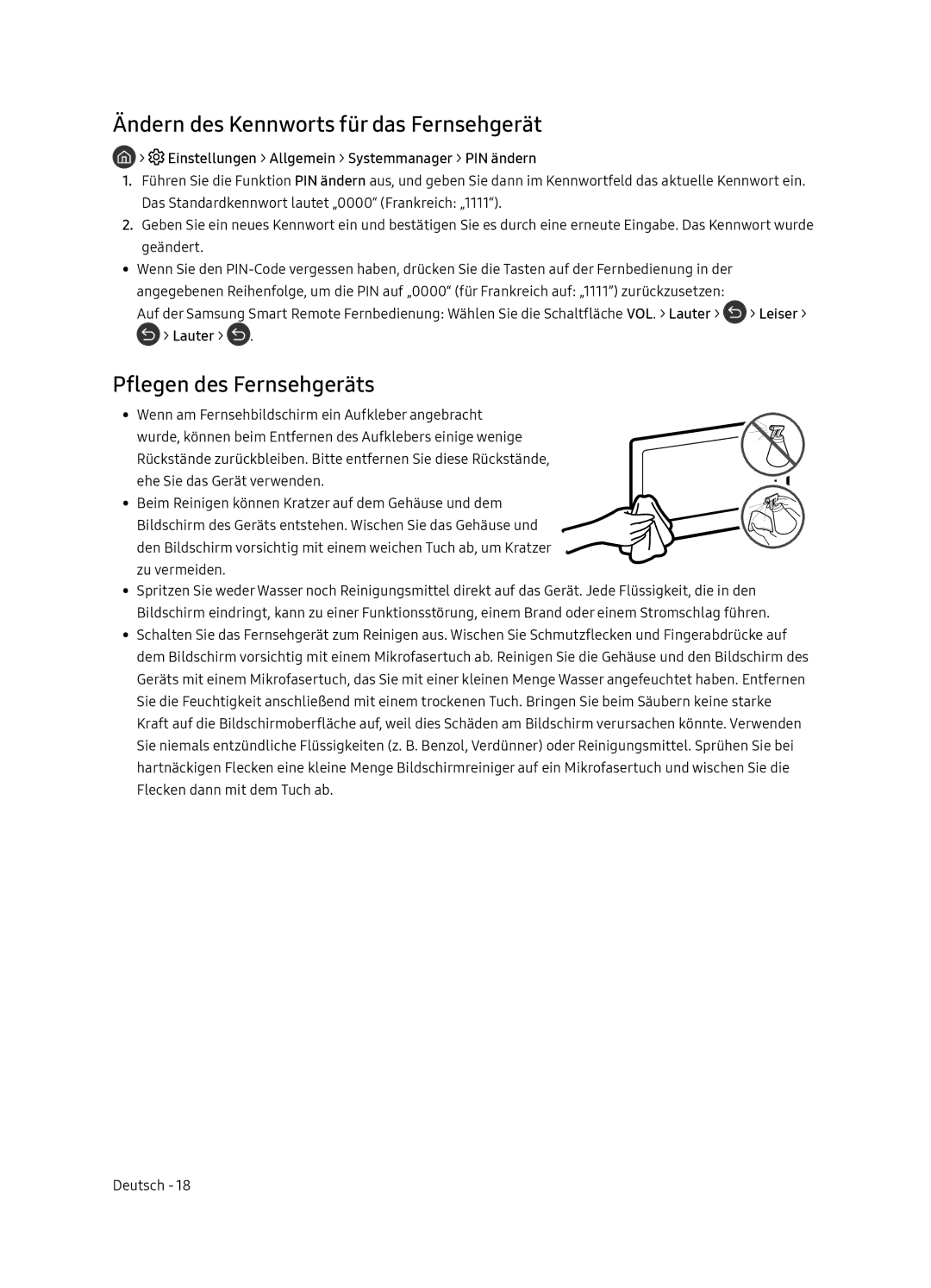 Samsung UE55NU8505TXXC, UE65NU8505TXXC manual Ändern des Kennworts für das Fernsehgerät, Pflegen des Fernsehgeräts 