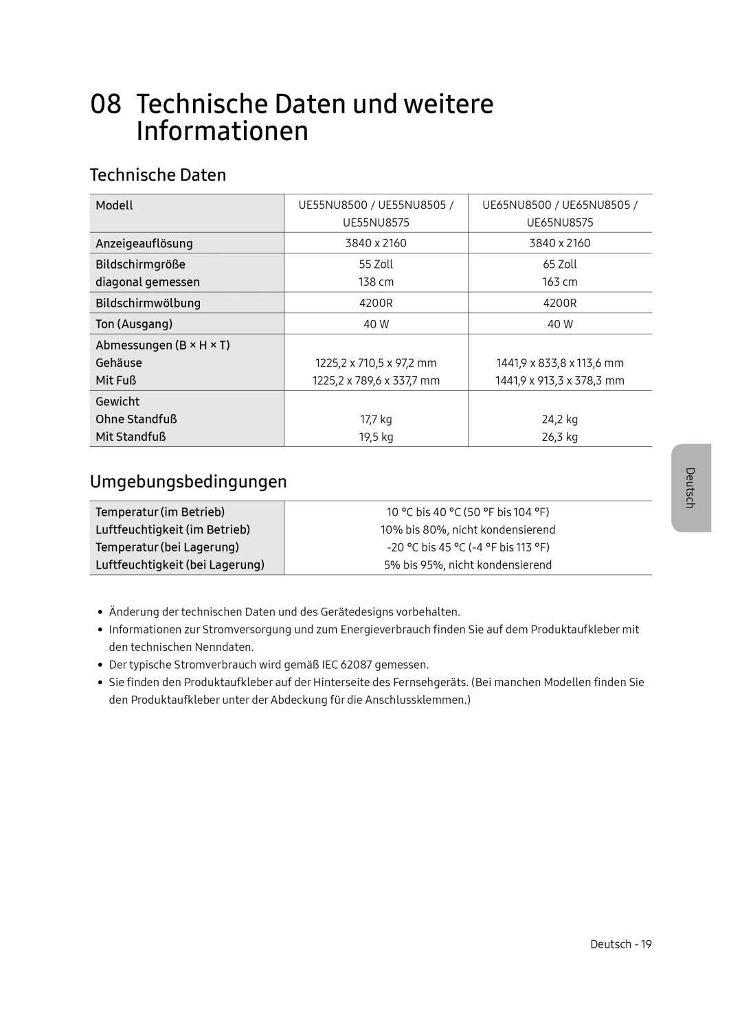 Samsung UE65NU8505TXXC, UE55NU8505TXXC manual Technische Daten und weitere Informationen, Umgebungsbedingungen 