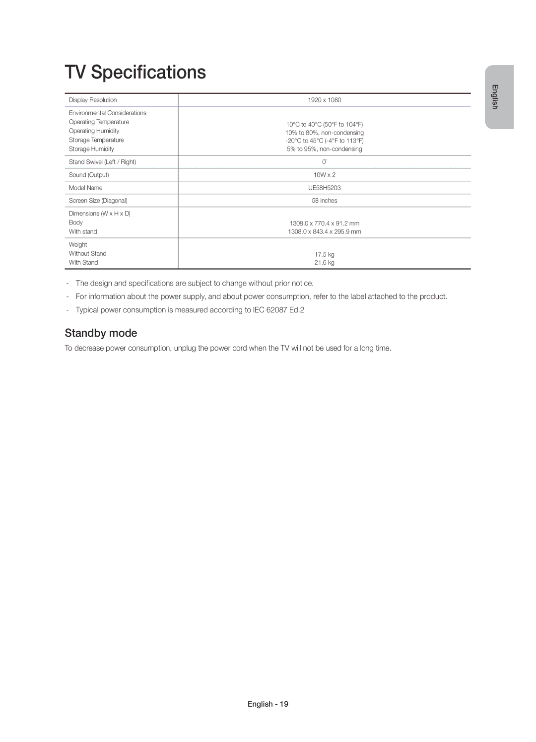 Samsung UE58H5203AKXZT manual TV Specifications, Standby mode 