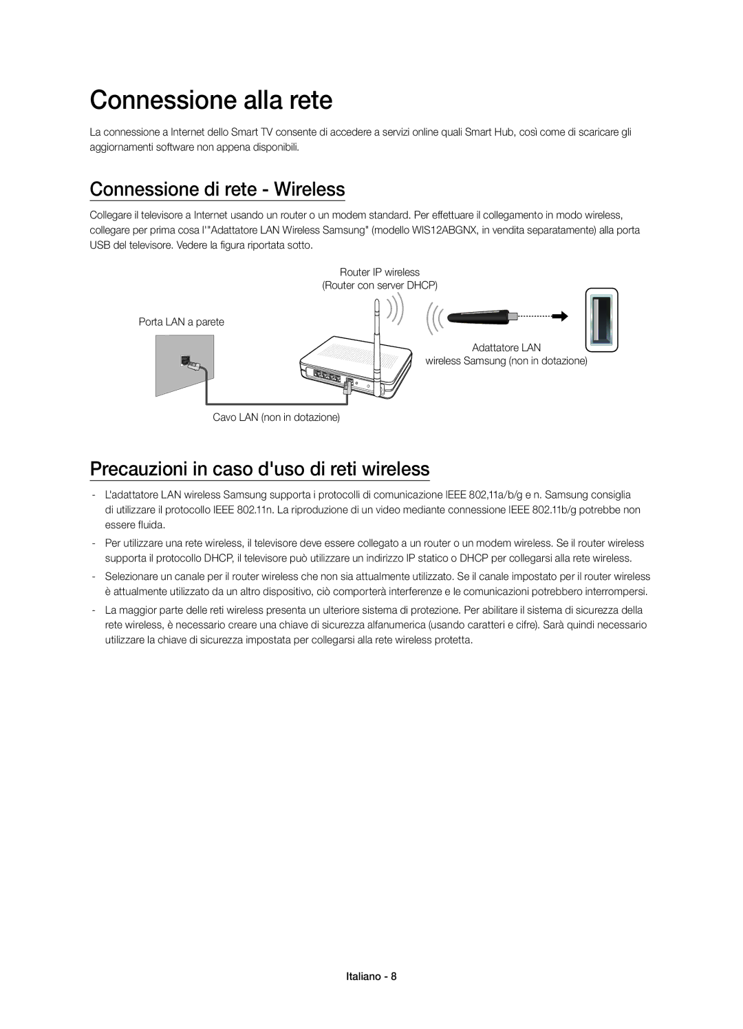 Samsung UE58H5203AKXZT Connessione alla rete, Connessione di rete Wireless, Precauzioni in caso duso di reti wireless 