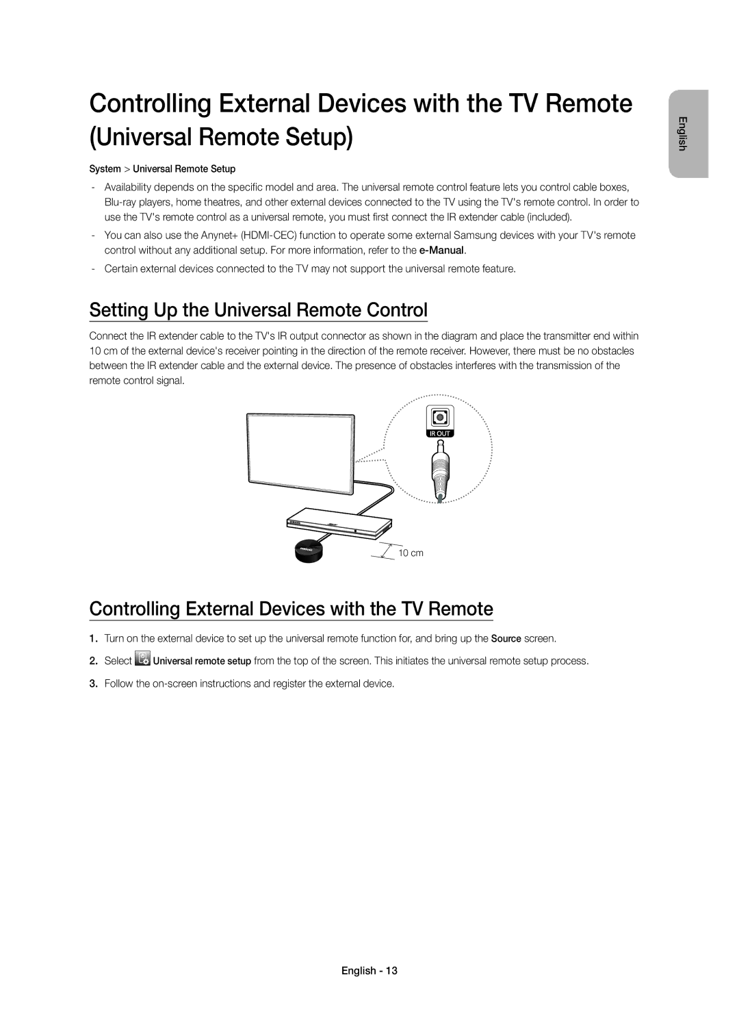 Samsung UE58H5203AWXXH manual Setting Up the Universal Remote Control, Controlling External Devices with the TV Remote 