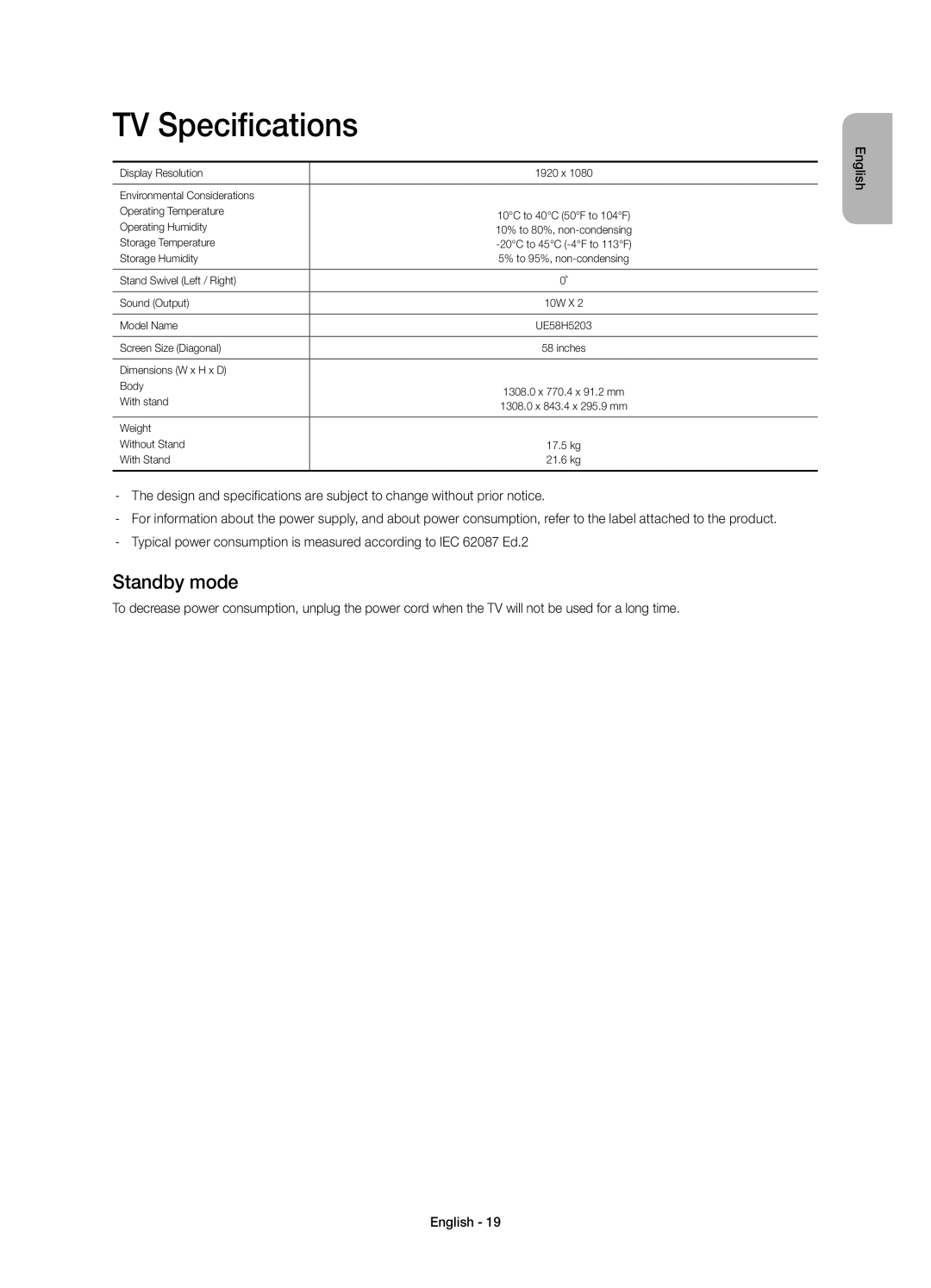 Samsung UE58H5203AWXXH, UE58H5203AWXXC manual TV Specifications, Standby mode 