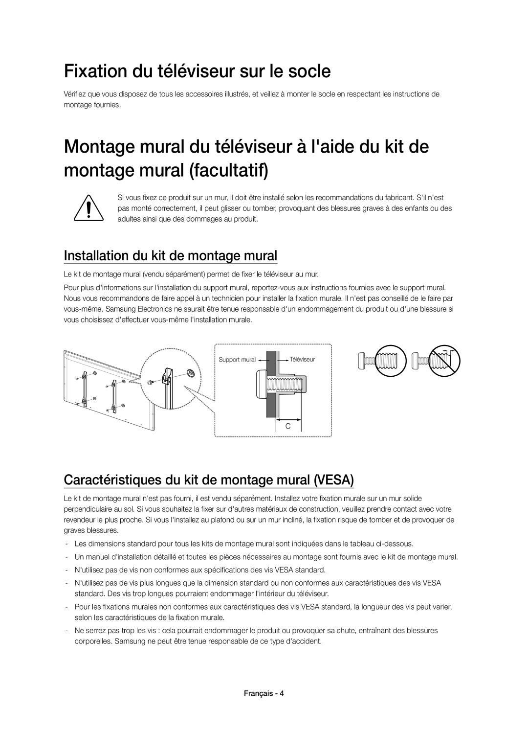 Samsung UE58H5203AWXXC, UE58H5203AWXXH manual Fixation du téléviseur sur le socle, Installation du kit de montage mural 