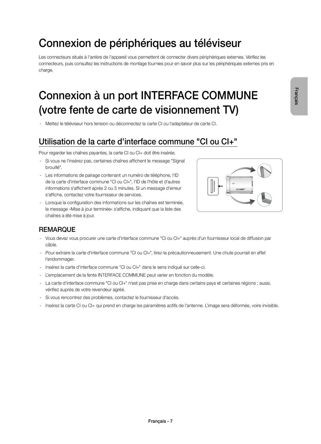 Samsung UE58H5203AWXXH Connexion de périphériques au téléviseur, Utilisation de la carte dinterface commune CI ou CI+ 