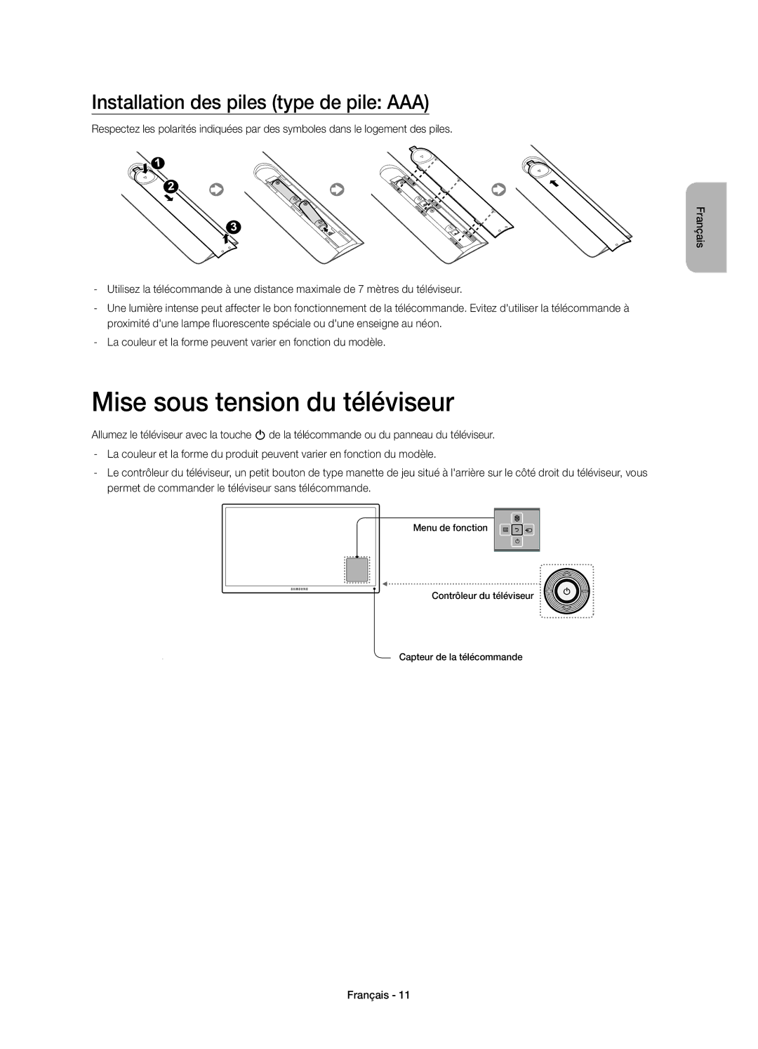 Samsung UE58H5203AWXXH, UE58H5203AWXXC manual Mise sous tension du téléviseur, Installation des piles type de pile AAA 