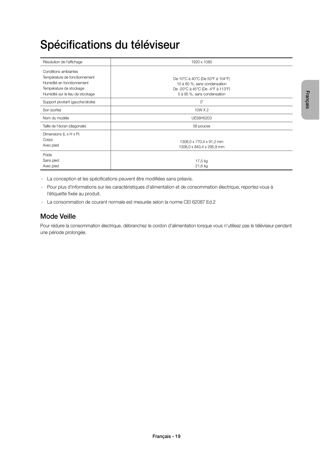 Samsung UE58H5203AWXXH, UE58H5203AWXXC manual Spécifications du téléviseur, Mode Veille 