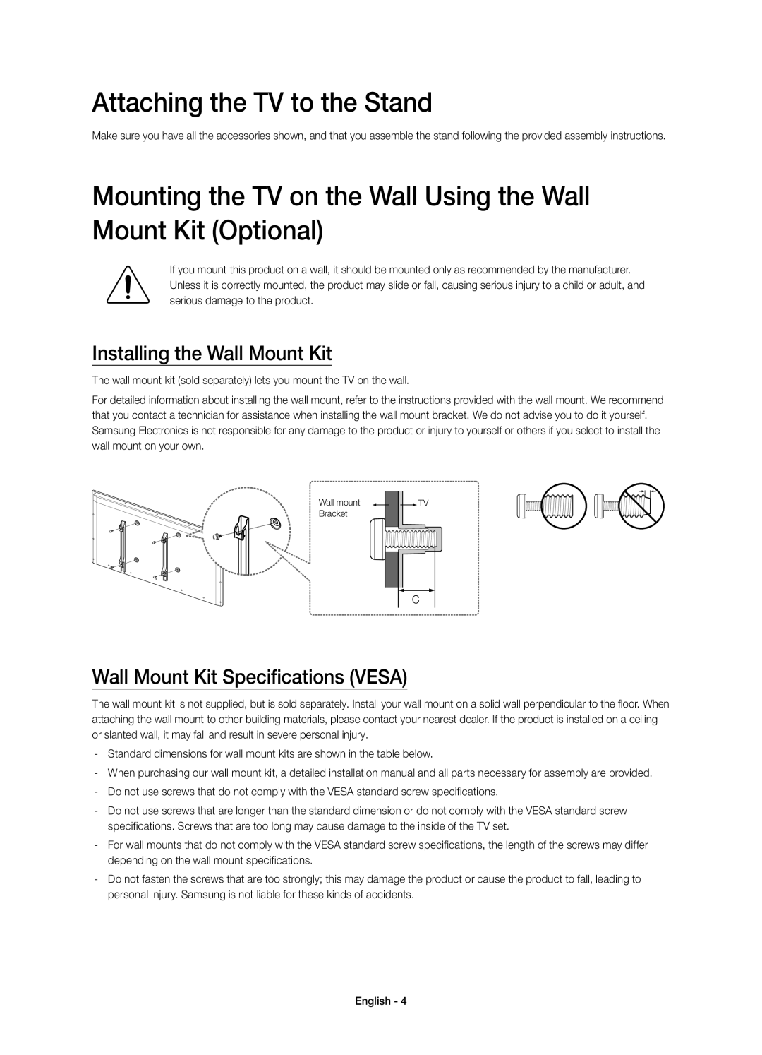 Samsung UE58H5203AWXXC Attaching the TV to the Stand, Installing the Wall Mount Kit, Wall Mount Kit Specifications Vesa 