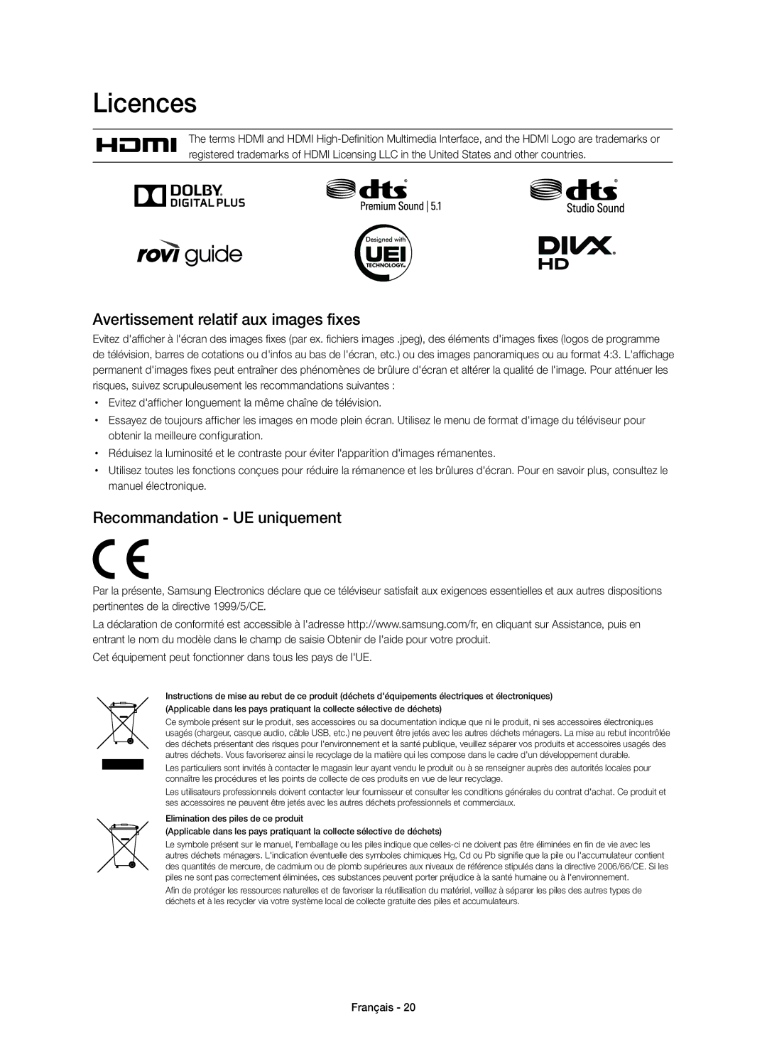 Samsung UE58H5203AWXXC, UE58H5203AWXXH manual Avertissement relatif aux images fixes, Recommandation UE uniquement 