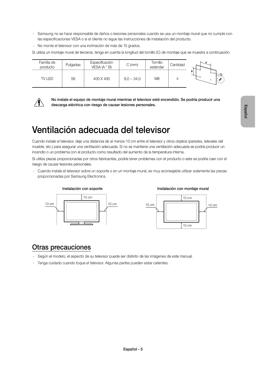 Samsung UE58H5203AWXXH, UE58H5203AWXXC manual Ventilación adecuada del televisor, Otras precauciones 