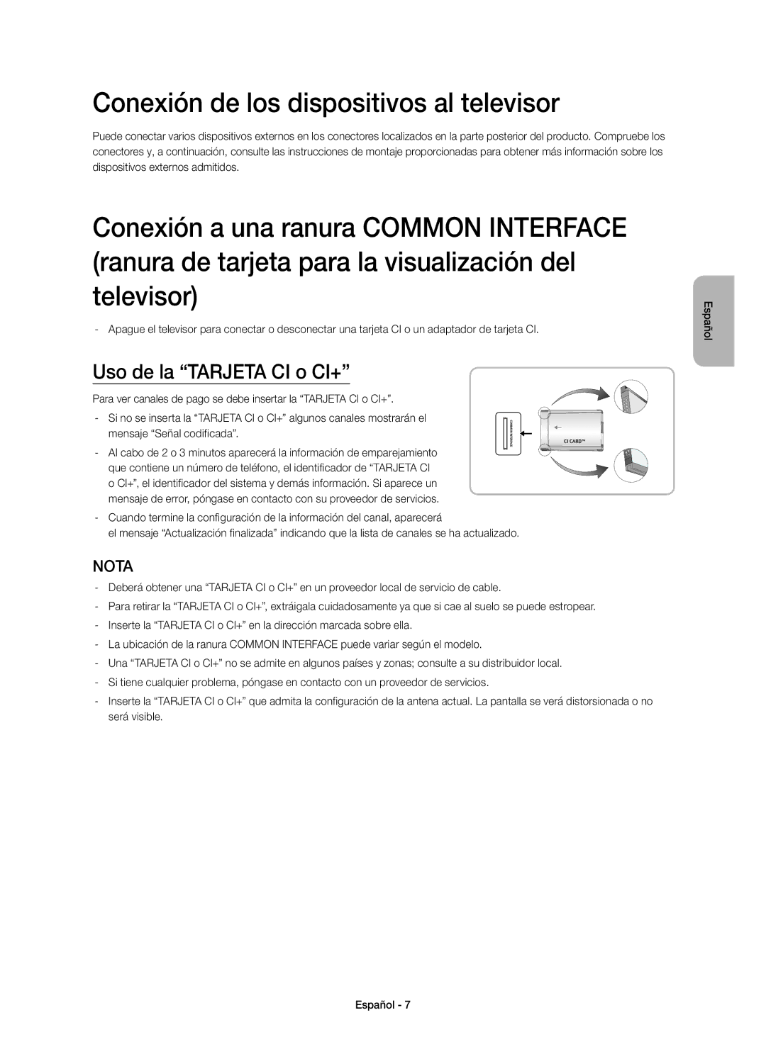 Samsung UE58H5203AWXXH, UE58H5203AWXXC manual Conexión de los dispositivos al televisor, Uso de la Tarjeta CI o CI+ 