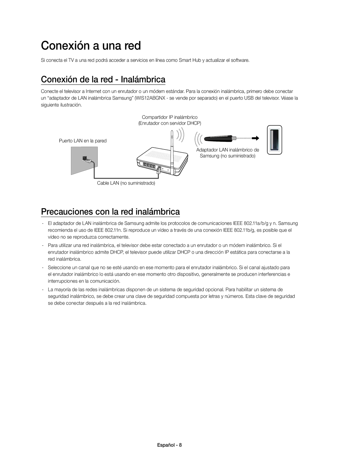 Samsung UE58H5203AWXXC manual Conexión a una red, Conexión de la red Inalámbrica, Precauciones con la red inalámbrica 