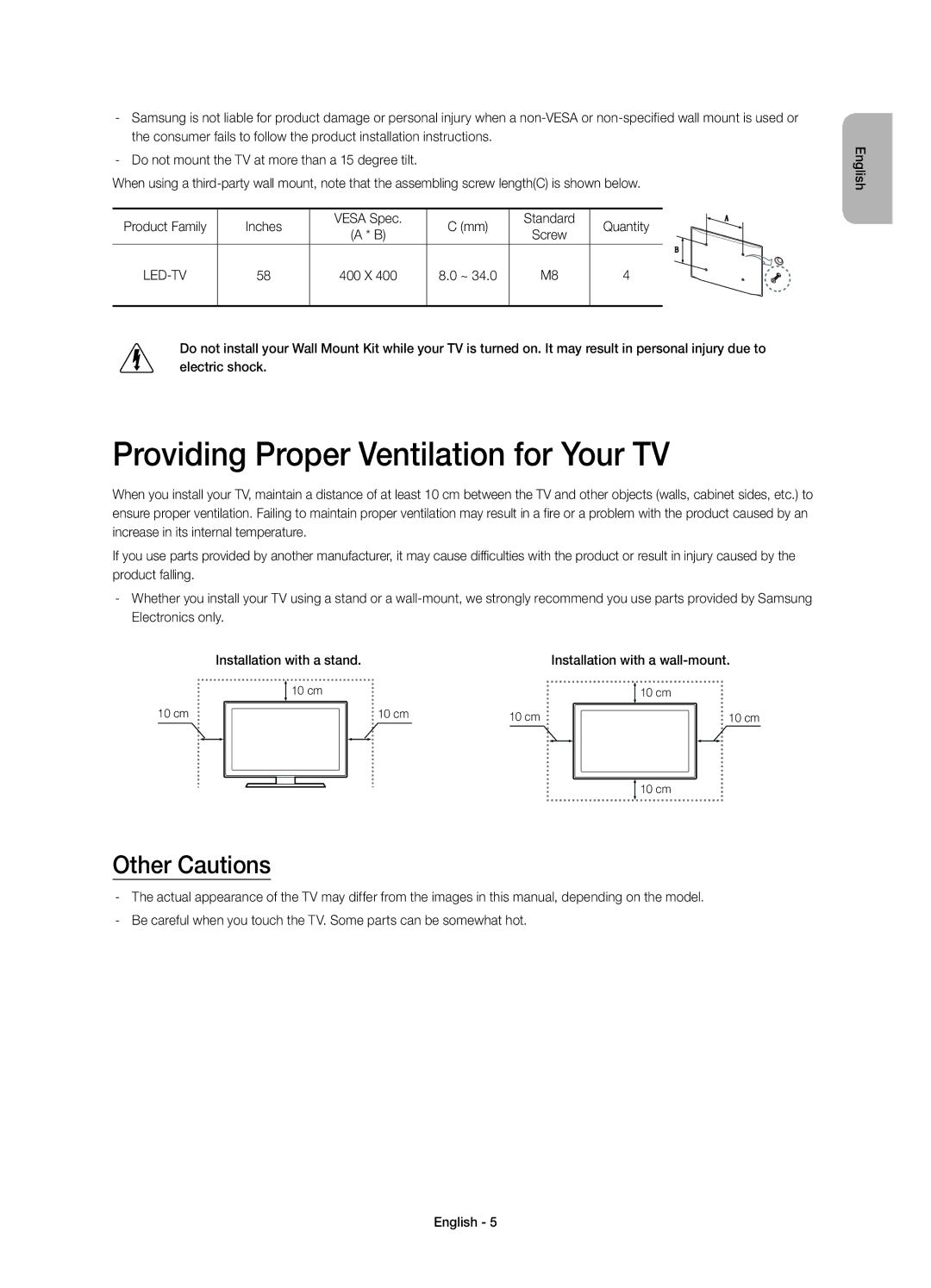 Samsung UE58H5203AWXXH, UE58H5203AWXXC manual Providing Proper Ventilation for Your TV, Other Cautions 