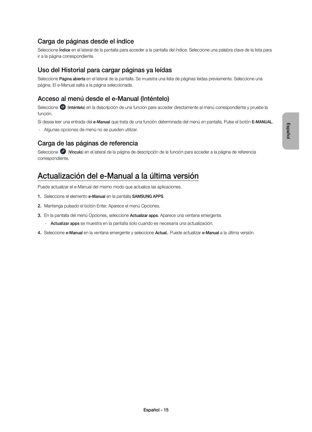 Samsung UE58H5203AWXXH, UE58H5203AWXXC Actualización del e-Manual a la última versión, Carga de páginas desde el índice 