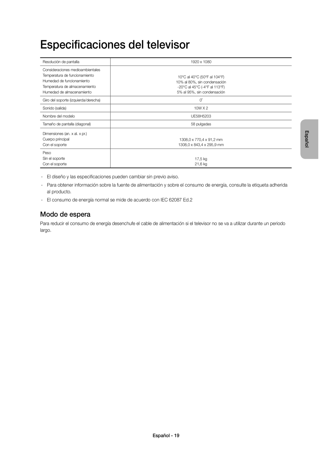 Samsung UE58H5203AWXXH, UE58H5203AWXXC manual Especificaciones del televisor, Modo de espera 