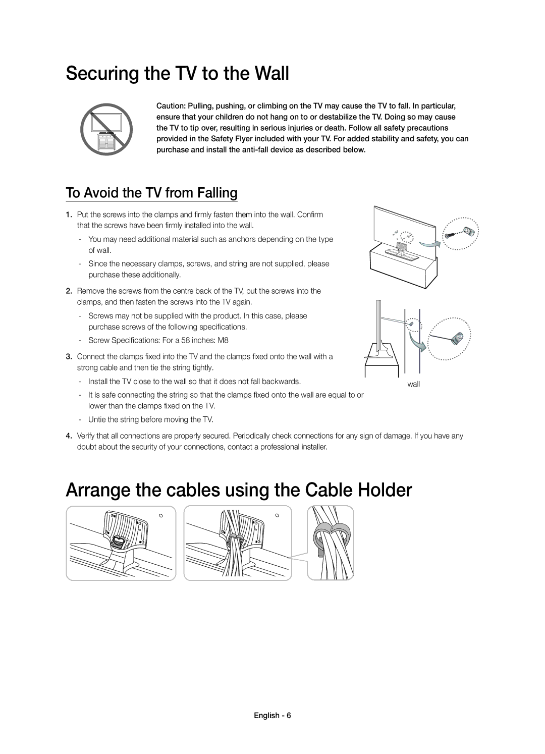 Samsung UE58H5203AWXXC, UE58H5203AWXXH manual Securing the TV to the Wall, Arrange the cables using the Cable Holder 