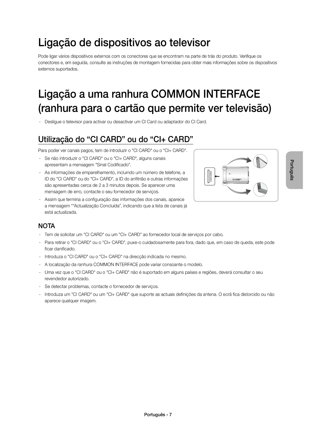 Samsung UE58H5203AWXXH, UE58H5203AWXXC manual Ligação de dispositivos ao televisor, Utilização do CI Card ou do CI+ Card 