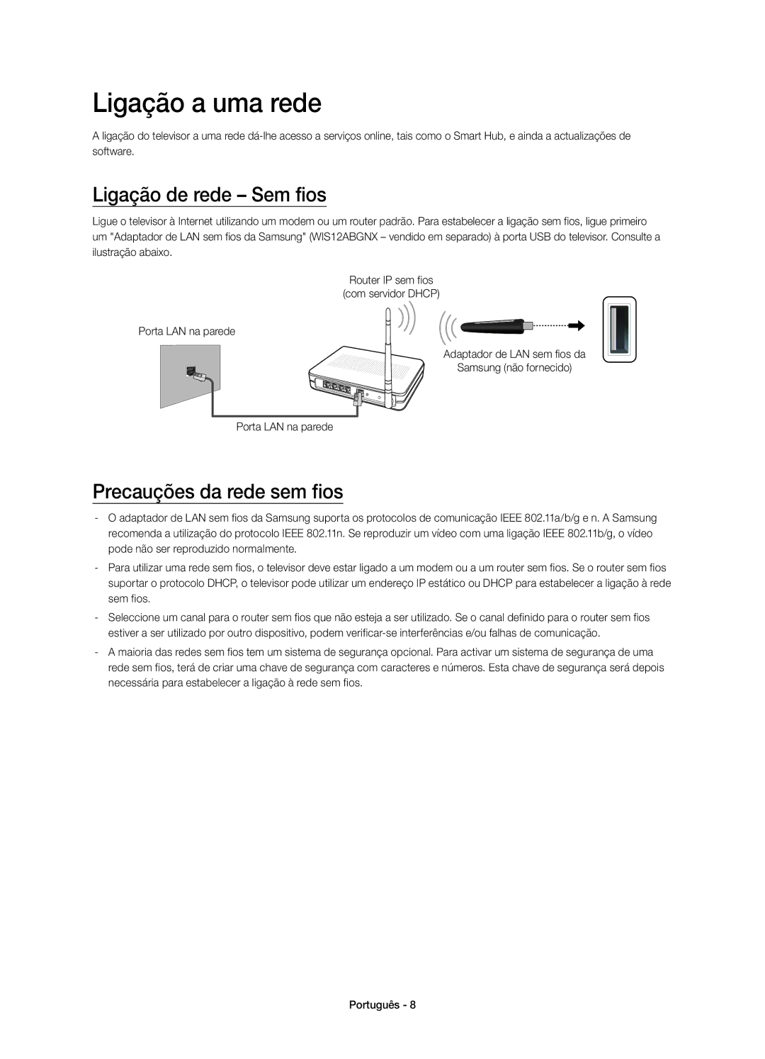 Samsung UE58H5203AWXXC, UE58H5203AWXXH manual Ligação a uma rede, Ligação de rede Sem fios, Precauções da rede sem fios 