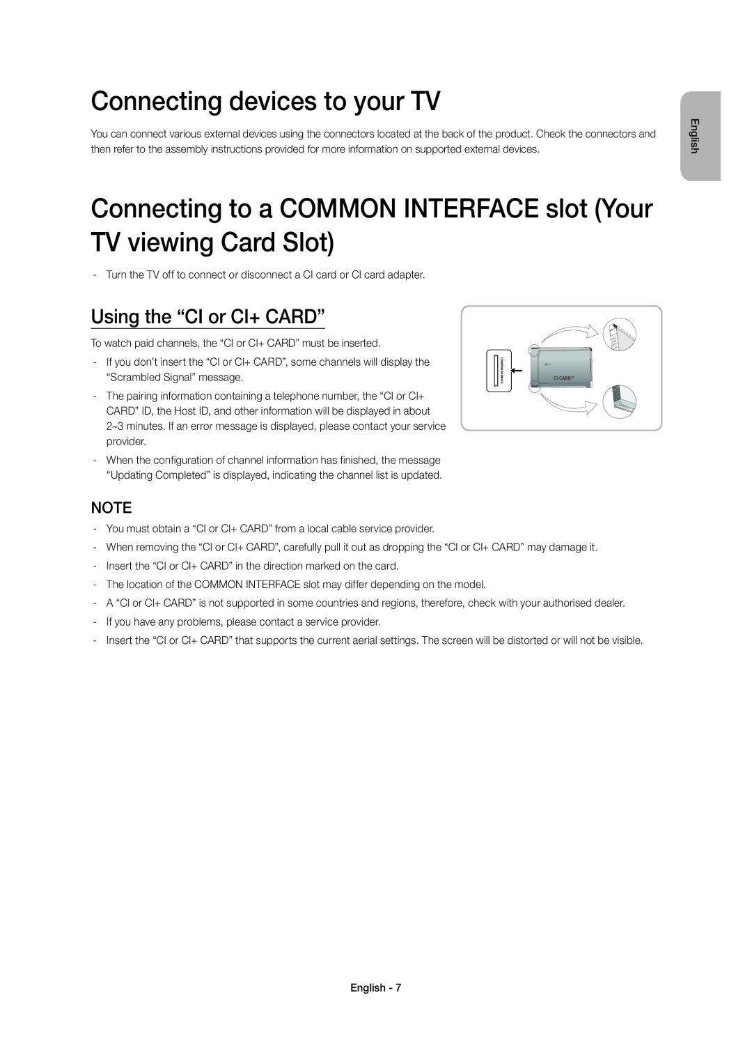 Samsung UE58H5203AWXXH, UE58H5203AWXXC manual Connecting devices to your TV, Using the CI or CI+ Card 