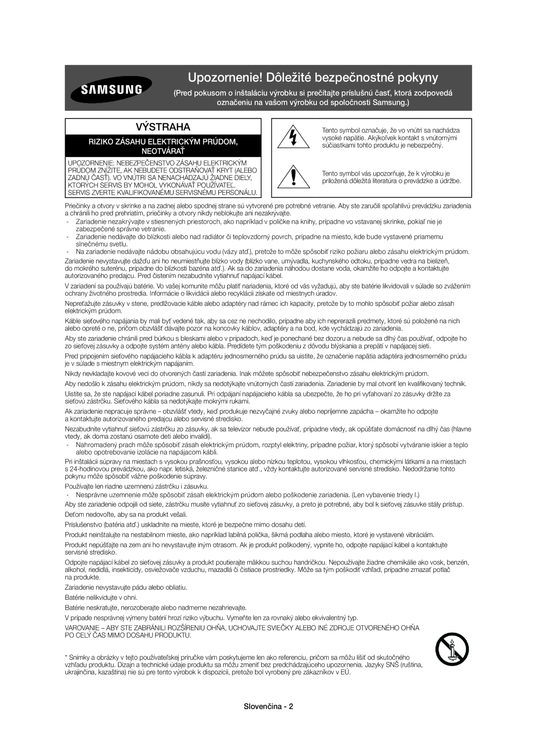 Samsung UE58H5203AWXXH, UE58H5203AWXZF, UE58H5203AWXXC, UE58H5203AWXXN Upozornenie! Dôležité bezpečnostné pokyny, Slovenčina 