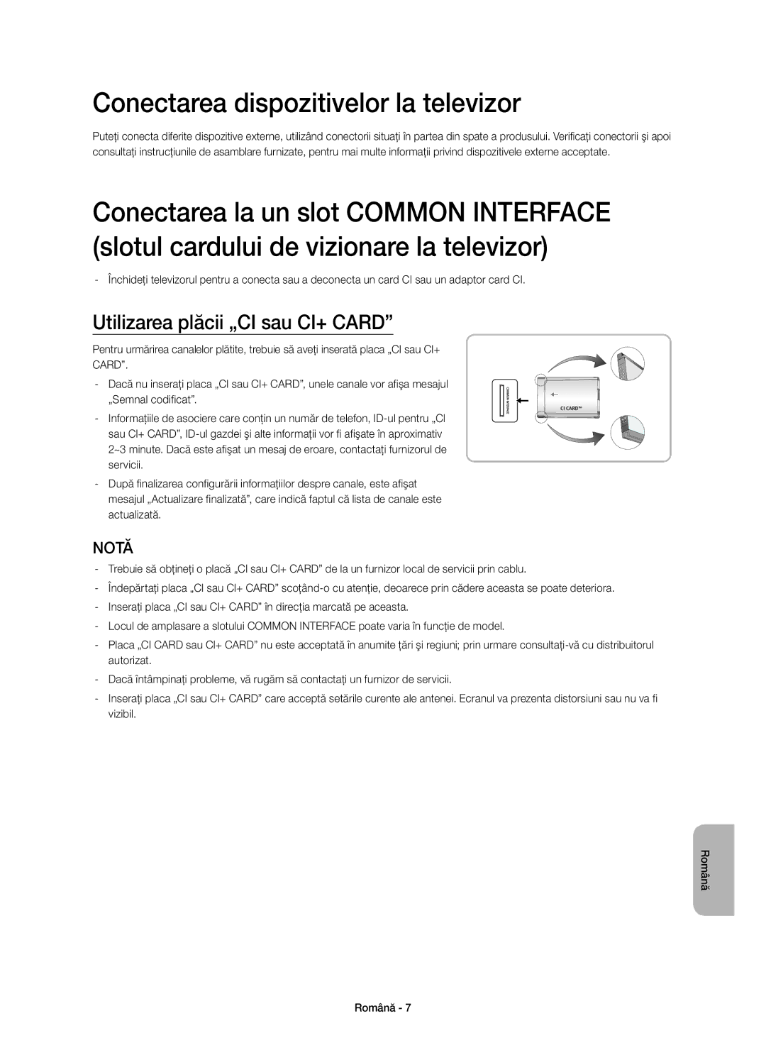 Samsung UE58H5203AWXXN, UE58H5203AWXZF manual Conectarea dispozitivelor la televizor, Utilizarea plăcii „CI sau CI+ Card 