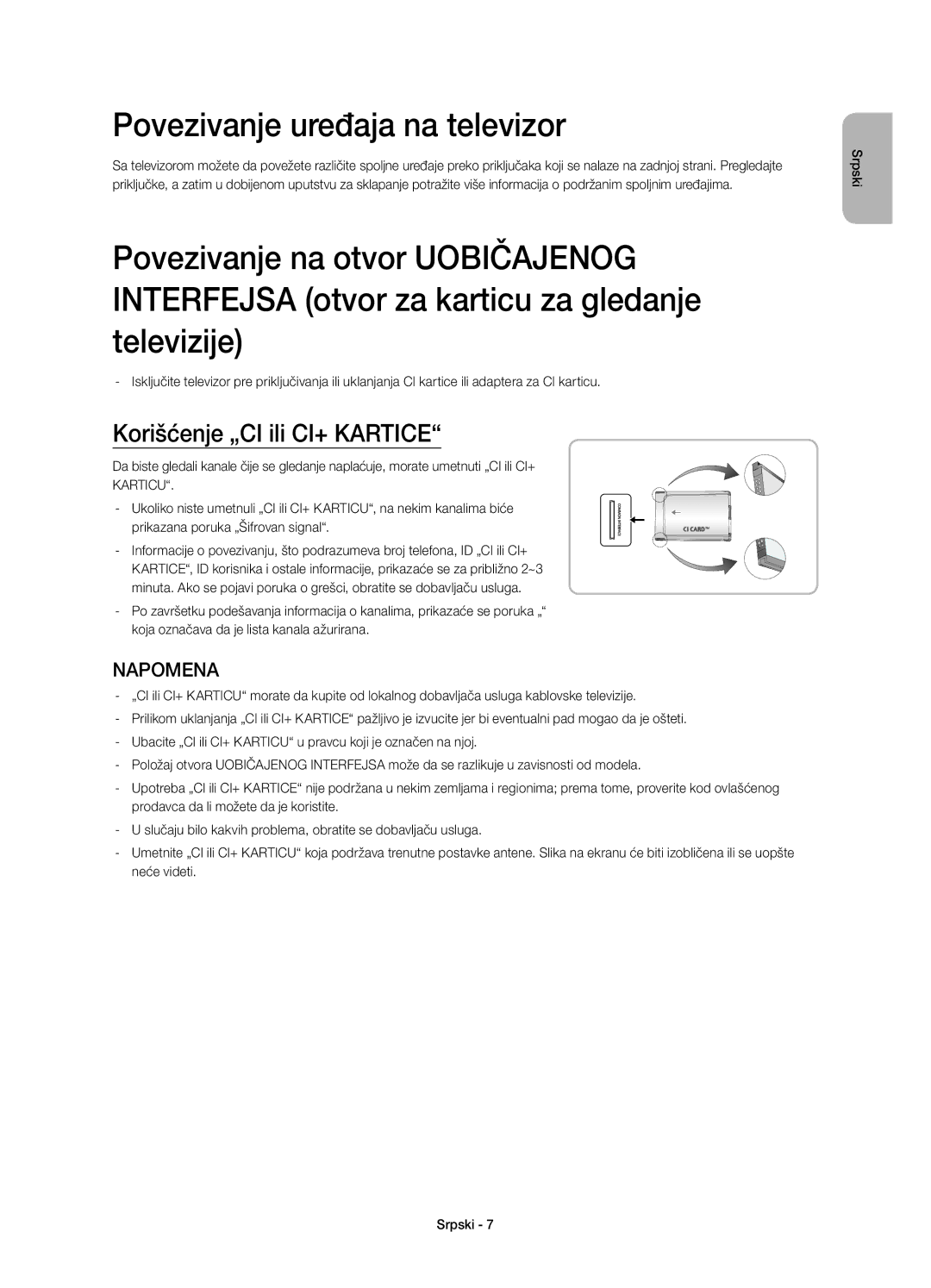 Samsung UE58H5203AWXXN, UE58H5203AWXZF, UE58H5203AWXXC Povezivanje uređaja na televizor, Korišćenje „CI ili CI+ Kartice 