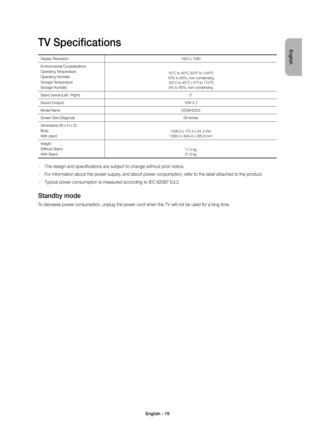 Samsung UE58H5203AWXXN, UE58H5203AWXZF, UE58H5203AWXXC, UE58H5203AWXXH manual TV Specifications, Standby mode 