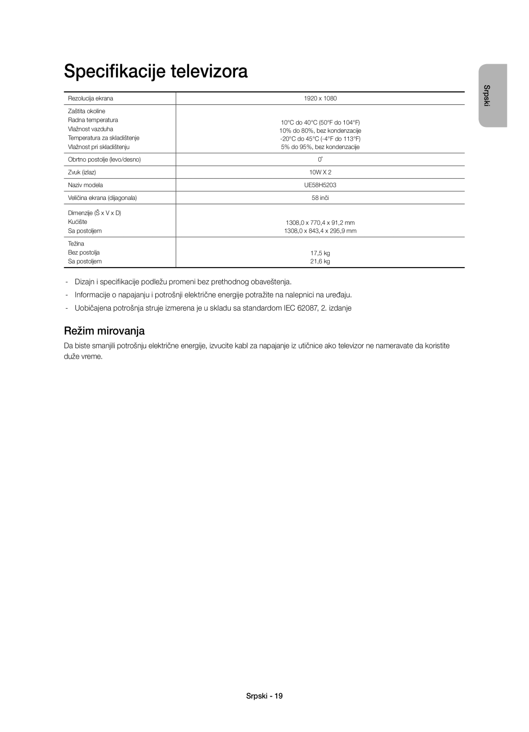 Samsung UE58H5203AWXXN, UE58H5203AWXZF, UE58H5203AWXXC, UE58H5203AWXXH manual Specifikacije televizora, Režim mirovanja 