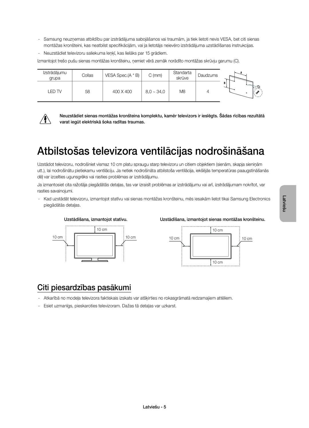 Samsung UE58H5203AWXXC Atbilstošas televizora ventilācijas nodrošināšana, Citi piesardzības pasākumi, Standarta Daudzums 