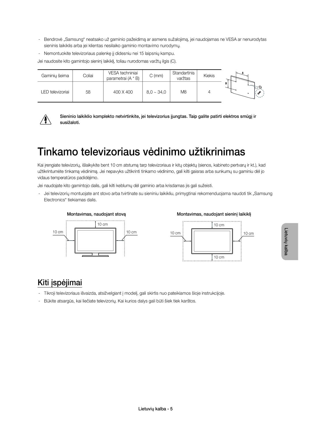 Samsung UE58H5203AWXXC, UE58H5203AWXZF manual Tinkamo televizoriaus vėdinimo užtikrinimas, Kiti įspėjimai, LED televizoriai 