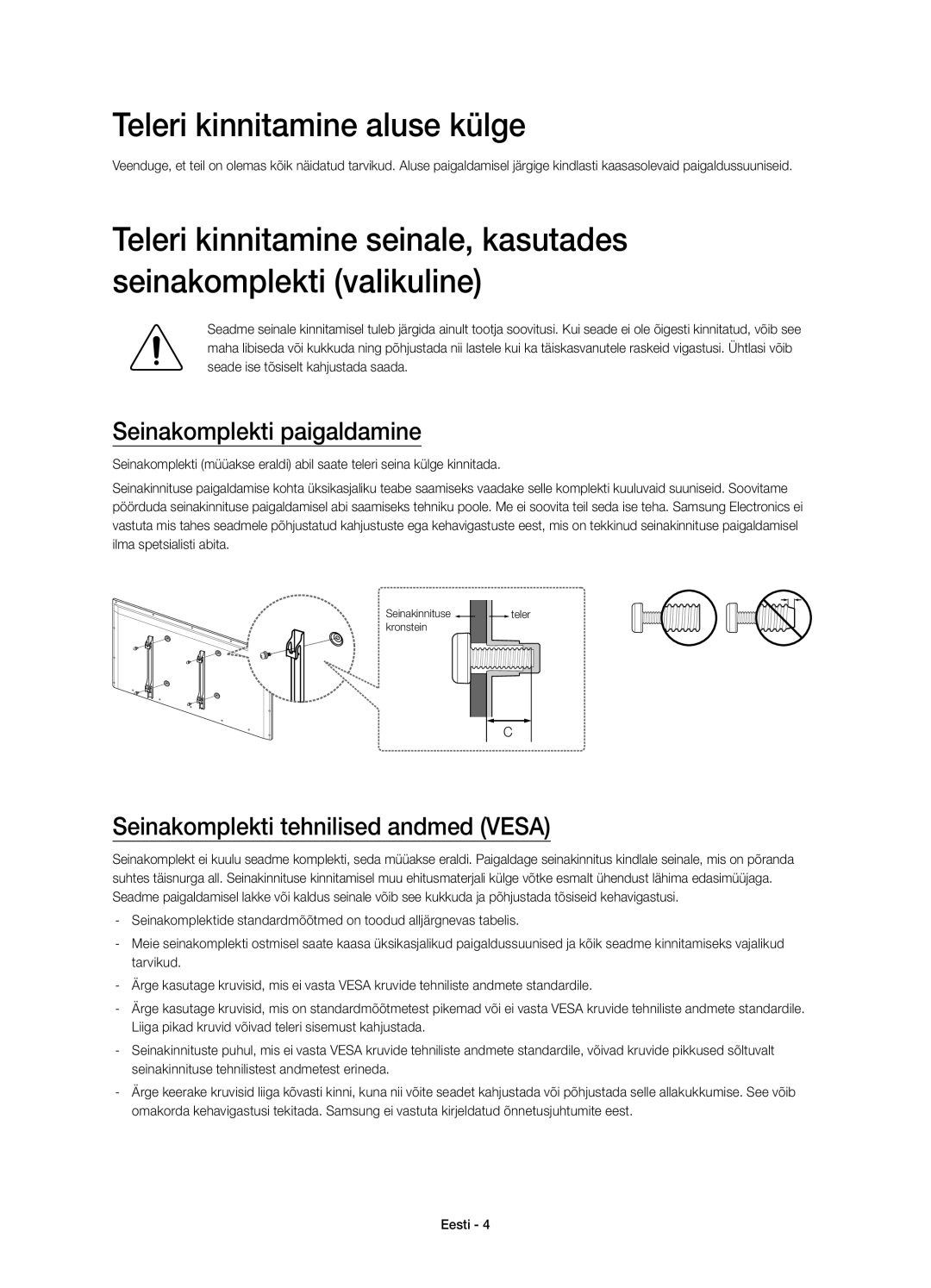 Samsung UE58H5203AWXZF Teleri kinnitamine aluse külge, Seinakomplekti paigaldamine, Seinakomplekti tehnilised andmed Vesa 