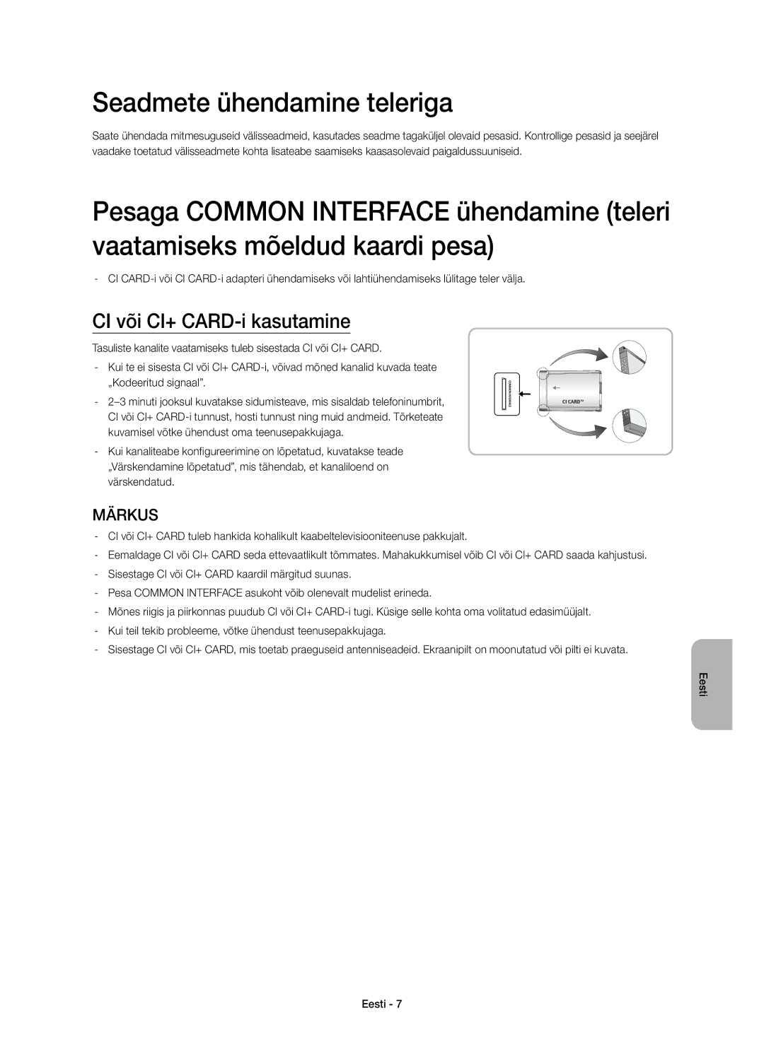 Samsung UE58H5203AWXXN, UE58H5203AWXZF, UE58H5203AWXXC manual Seadmete ühendamine teleriga, CI või CI+ CARD-i kasutamine 