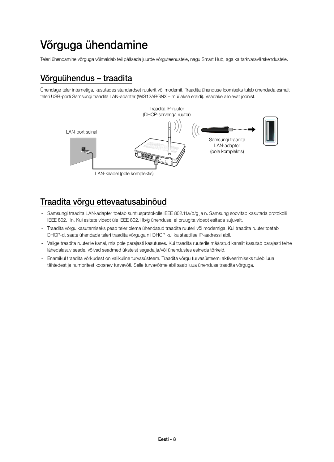 Samsung UE58H5203AWXZF, UE58H5203AWXXC manual Võrguga ühendamine, Võrguühendus traadita, Traadita võrgu ettevaatusabinõud 