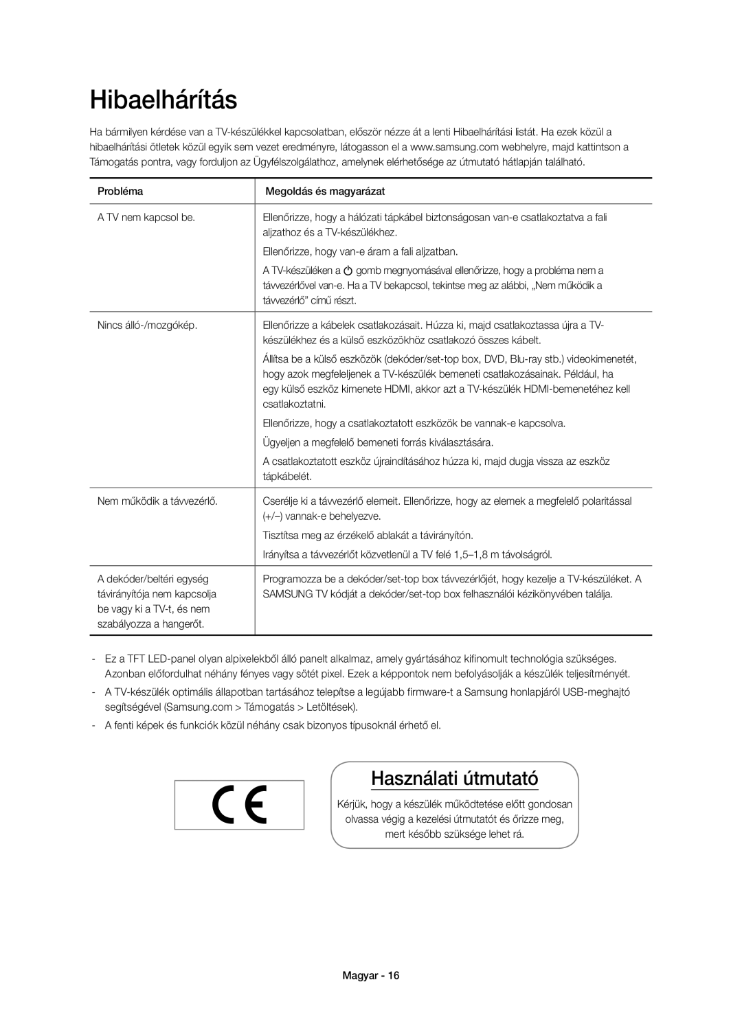 Samsung UE58H5203AWXZF, UE58H5203AWXXC, UE58H5203AWXXH, UE58H5203AWXXN manual Hibaelhárítás, Használati útmutató 