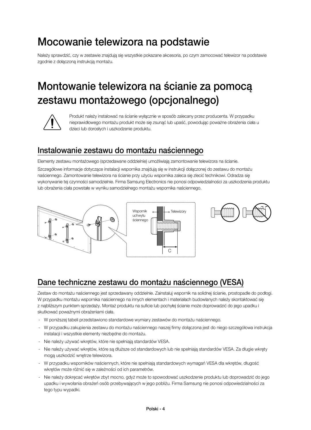 Samsung UE58H5203AWXZF, UE58H5203AWXXC manual Mocowanie telewizora na podstawie, Instalowanie zestawu do montażu naściennego 