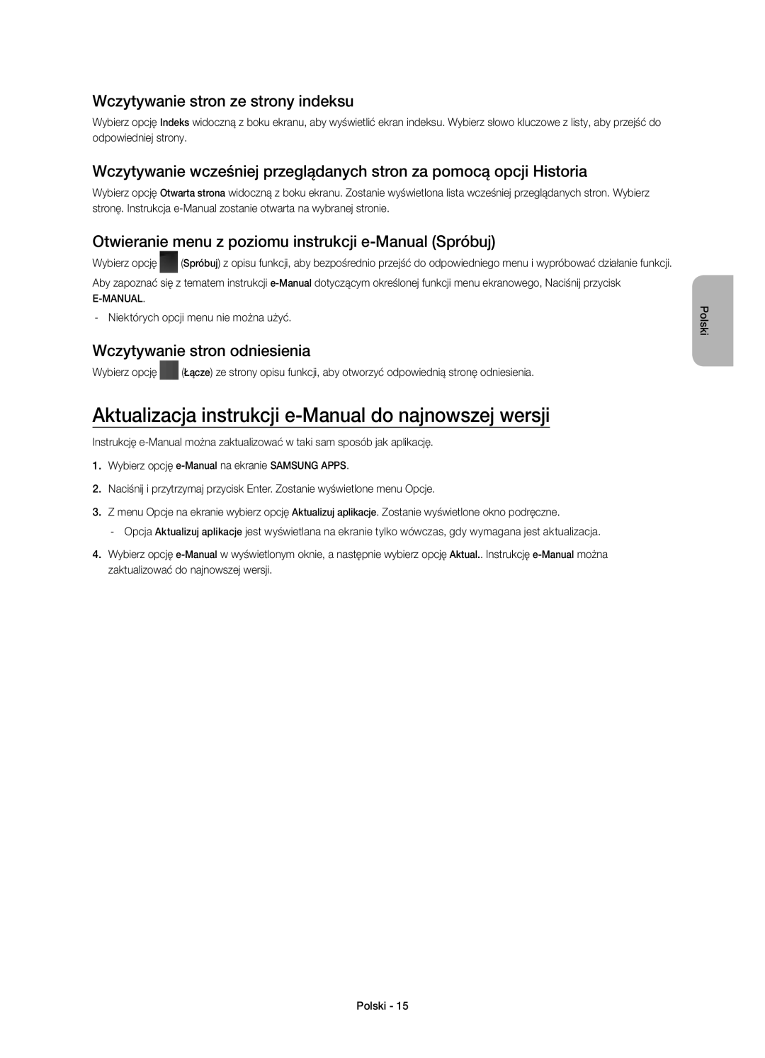 Samsung UE58H5203AWXXN manual Aktualizacja instrukcji e-Manual do najnowszej wersji, Wczytywanie stron ze strony indeksu 