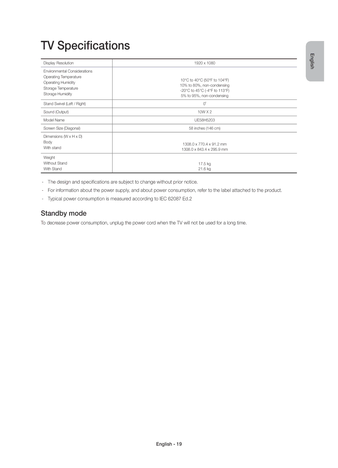 Samsung UE58H5203AWXZF manual TV Specifications, Standby mode 