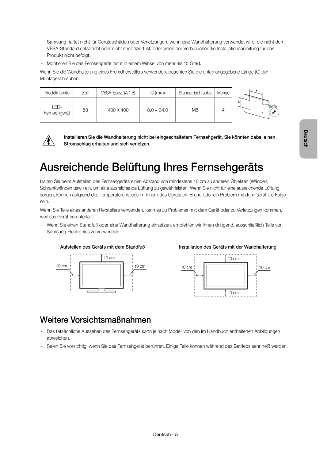 Samsung UE58H5203AWXZF manual Ausreichende Belüftung Ihres Fernsehgeräts, Weitere Vorsichtsmaßnahmen 