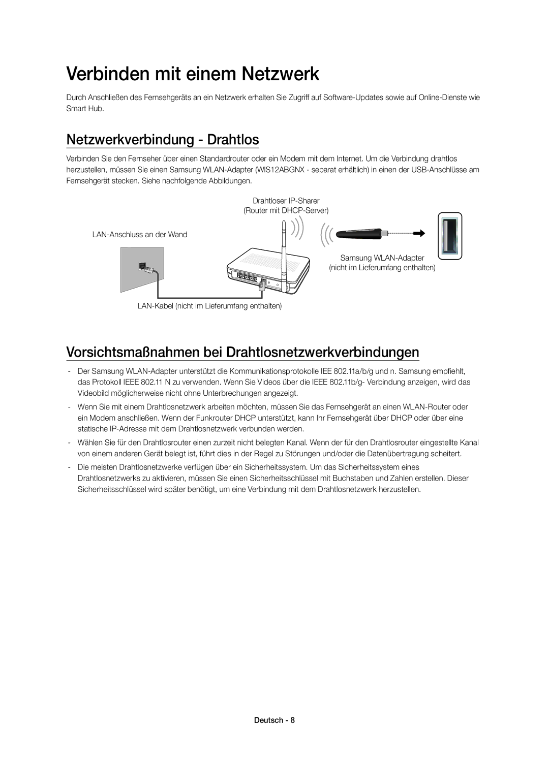 Samsung UE58H5203AWXZF manual Verbinden mit einem Netzwerk, Netzwerkverbindung Drahtlos 