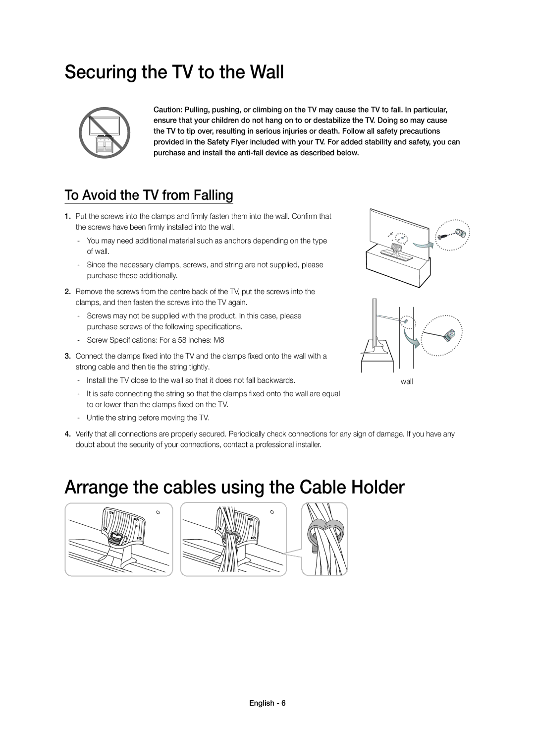 Samsung UE58H5203AWXZF manual Securing the TV to the Wall, Arrange the cables using the Cable Holder 