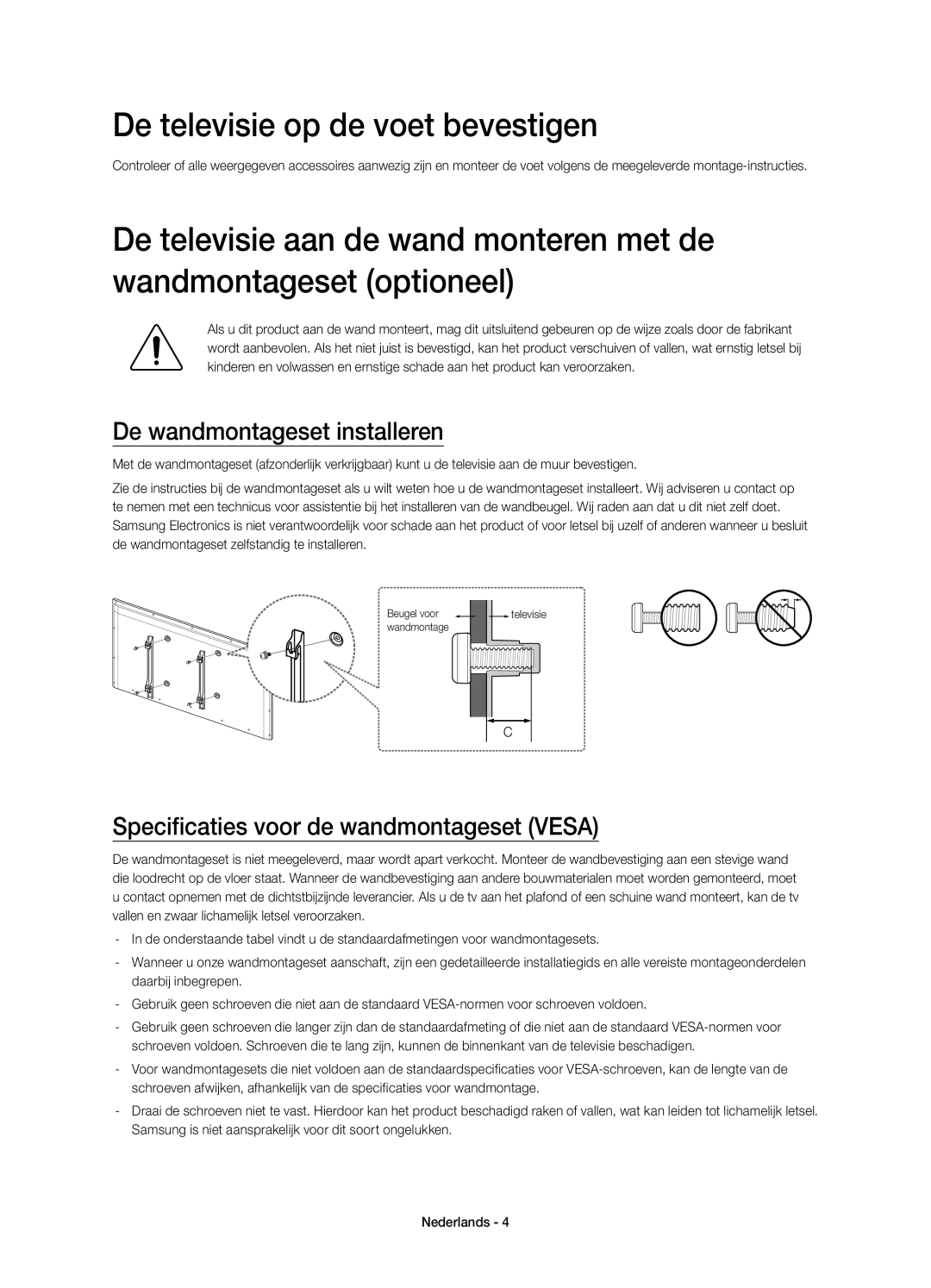 Samsung UE58H5203AWXZF manual De televisie op de voet bevestigen, De wandmontageset installeren 