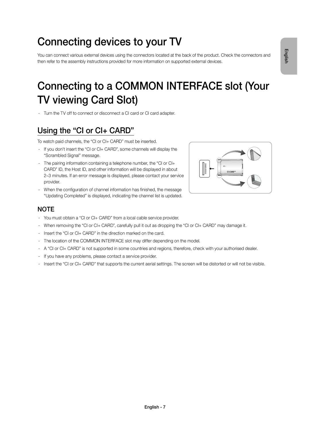 Samsung UE58H5203AWXZF manual Connecting devices to your TV, Using the CI or CI+ Card 