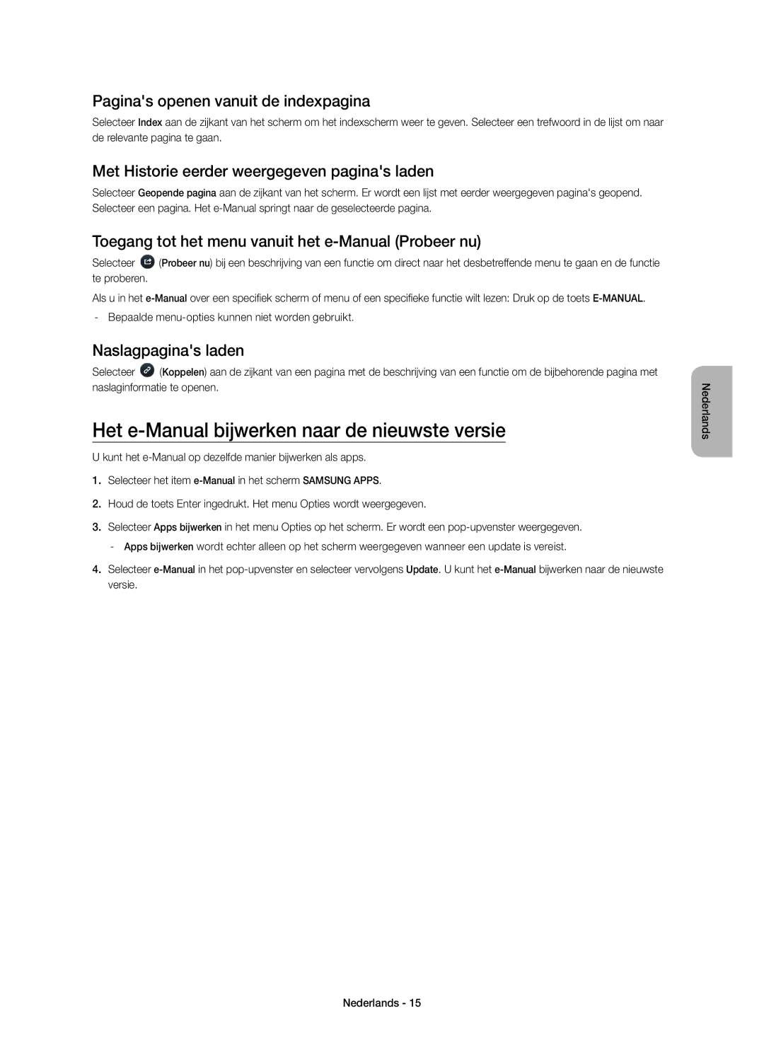 Samsung UE58H5203AWXZF manual Het e-Manual bijwerken naar de nieuwste versie, Paginas openen vanuit de indexpagina 