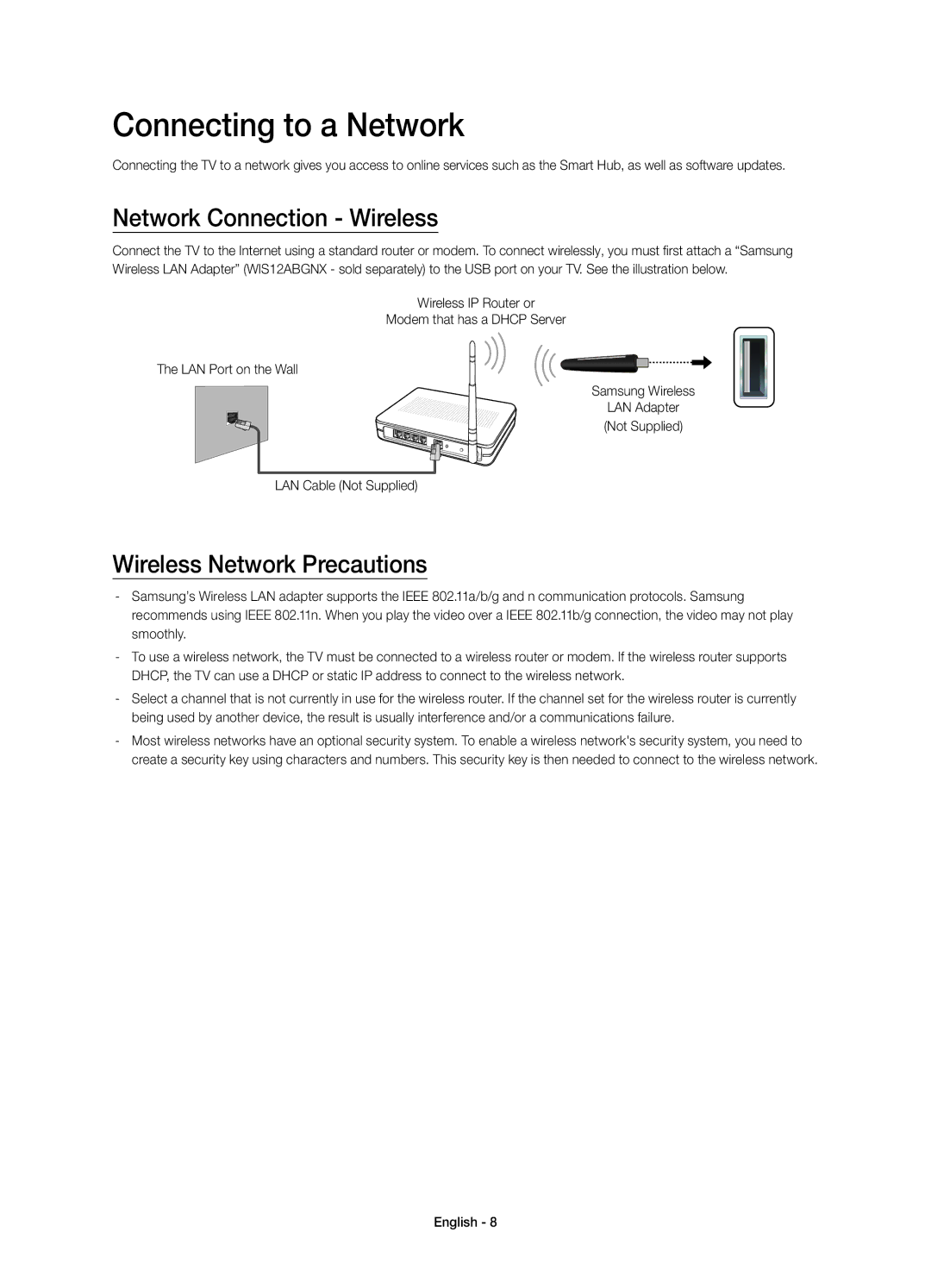 Samsung UE58H5203AWXZF manual Connecting to a Network, Network Connection Wireless, Wireless Network Precautions 