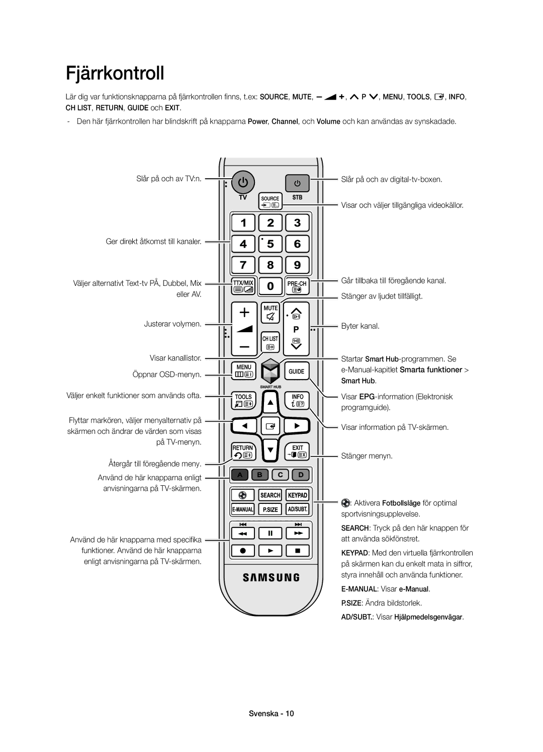 Samsung UE58H5204AKXXE manual Slår på och av TVn Slår på och av digital-tv-boxen, Justerar volymen, Size Ändra bildstorlek 