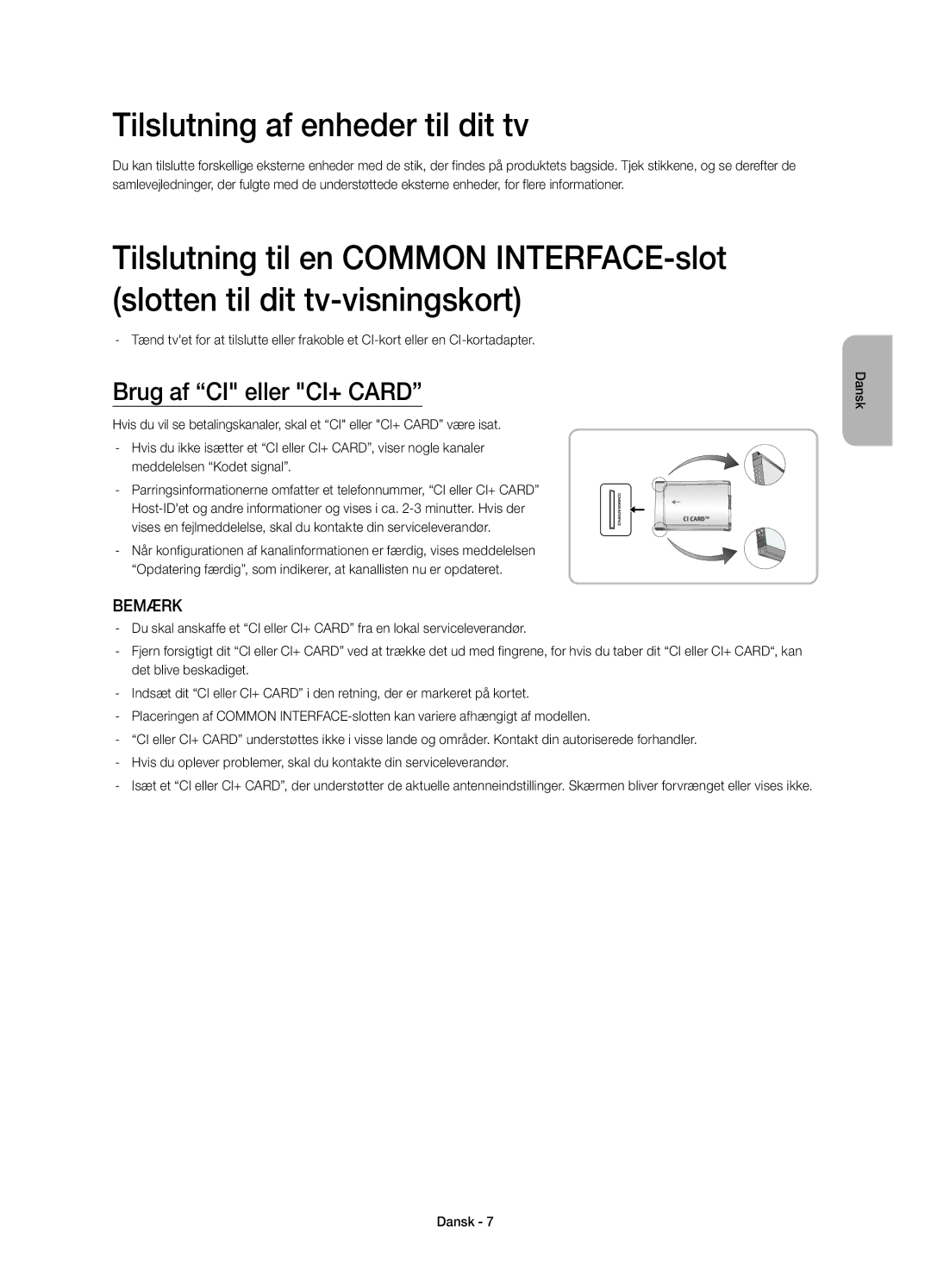 Samsung UE58H5204AKXXE manual Tilslutning af enheder til dit tv, Brug af CI eller CI+ Card 