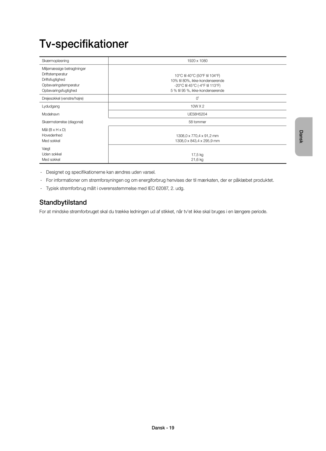 Samsung UE58H5204AKXXE manual Tv-specifikationer, Standbytilstand 